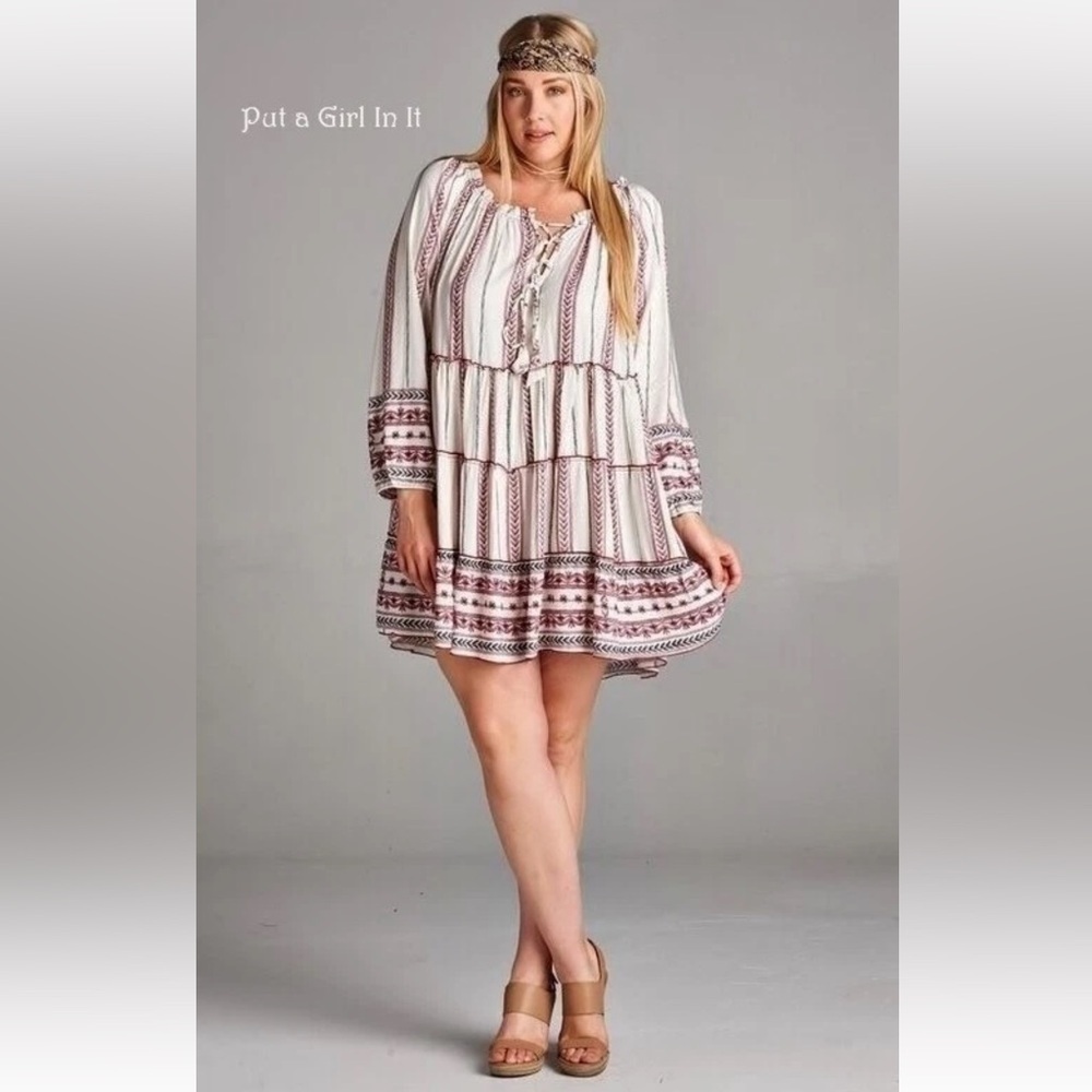 NWT Velzera Off-Shoulder Boho Tiered Dress with Red and Cream Pattern